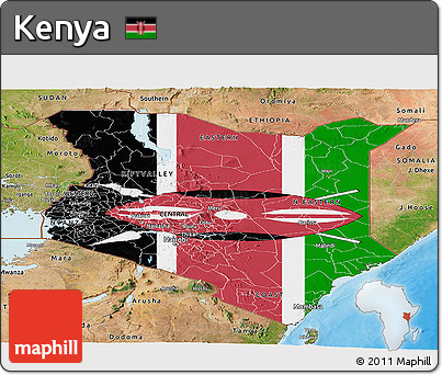 Flag Panoramic Map of Kenya, satellite outside, bathymetry sea, flag rotated