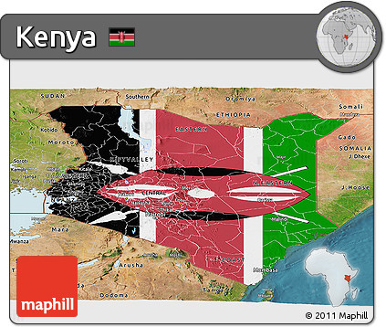 Flag Panoramic Map of Kenya, satellite outside, flag aligned to the middle