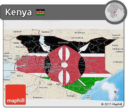 Flag Panoramic Map of Kenya, shaded relief outside, flag centered