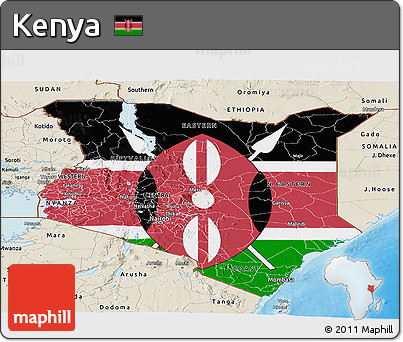 Flag Panoramic Map of Kenya, shaded relief outside, flag centered