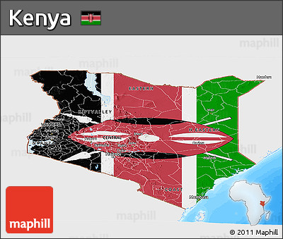 Flag Panoramic Map of Kenya, single color outside, bathymetry sea, flag aligned to the middle