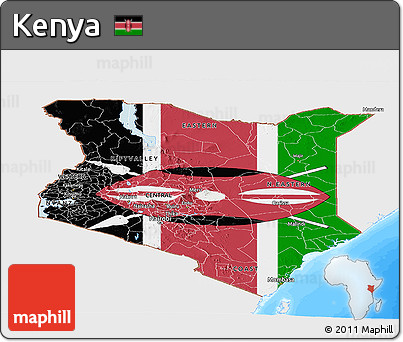Flag Panoramic Map of Kenya, single color outside, bathymetry sea, flag aligned to the middle