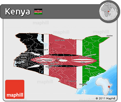 Flag Panoramic Map of Kenya, single color outside, bathymetry sea, flag rotated