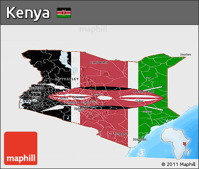 Flag Panoramic Map of Kenya, single color outside, bathymetry sea, flag rotated
