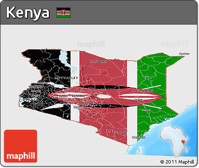 Flag Panoramic Map of Kenya, single color outside, bathymetry sea, flag rotated