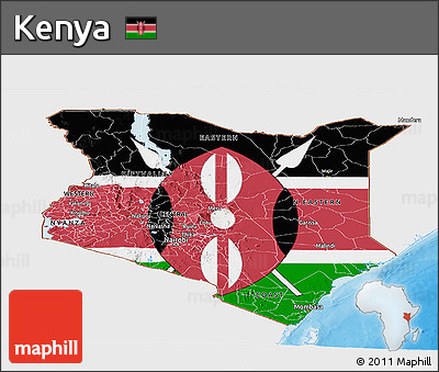 Flag Panoramic Map of Kenya, single color outside, bathymetry sea, shaded relief sea, flag centered