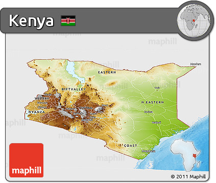 Physical Panoramic Map of Kenya, single color outside, bathymetry sea, shaded relief sea