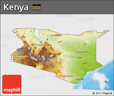 Physical Panoramic Map of Kenya, single color outside, bathymetry sea, shaded relief sea
