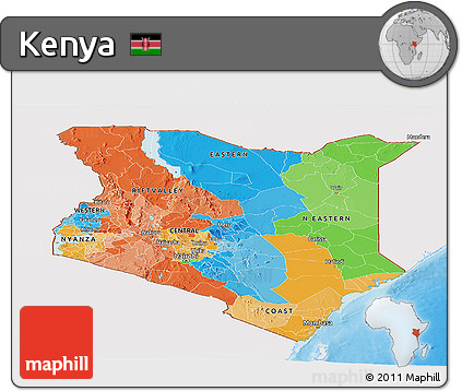 Political Panoramic Map of Kenya, single color outside, shaded relief sea