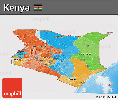 Political Panoramic Map of Kenya, single color outside, shaded relief sea
