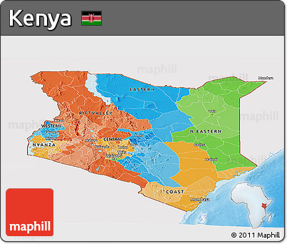Political Panoramic Map of Kenya, single color outside, shaded relief sea