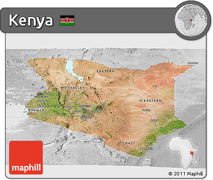 Satellite Panoramic Map of Kenya, lighten, desaturated
