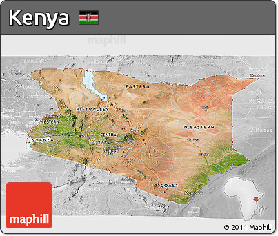 Satellite Panoramic Map of Kenya, lighten, desaturated