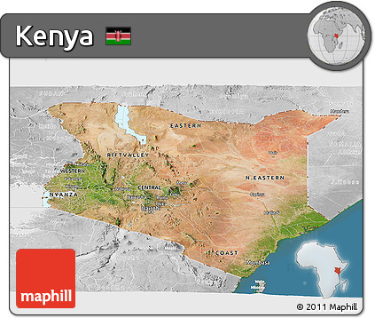 Satellite Panoramic Map of Kenya, lighten, desaturated, land only