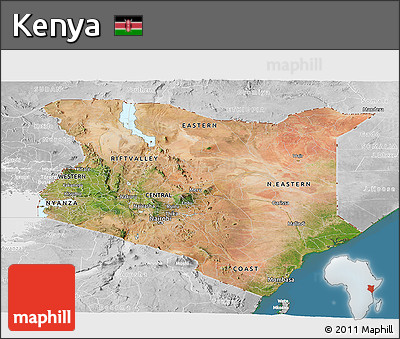 Satellite Panoramic Map of Kenya, lighten, desaturated, land only