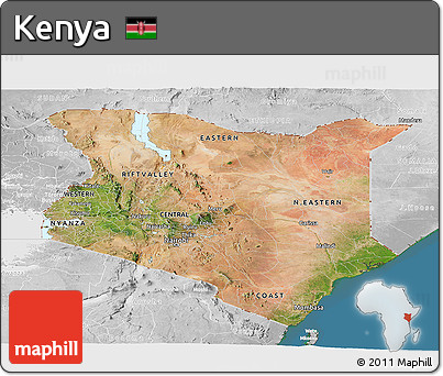 Satellite Panoramic Map of Kenya, lighten, desaturated, land only
