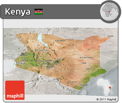 Satellite Panoramic Map of Kenya, lighten, semi-desaturated