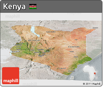 Satellite Panoramic Map of Kenya, lighten, semi-desaturated