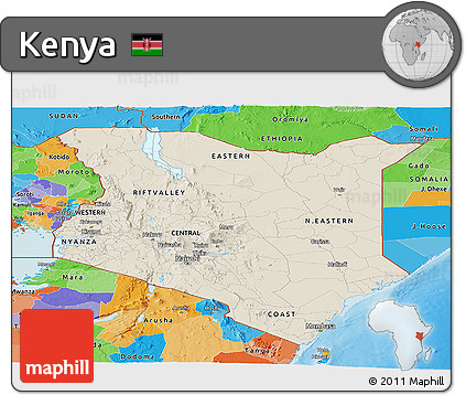Shaded Relief Panoramic Map of Kenya, political outside, shaded relief sea