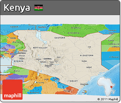Shaded Relief Panoramic Map of Kenya, political outside, shaded relief sea