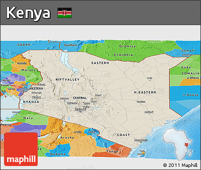 Shaded Relief Panoramic Map of Kenya, political outside, shaded relief sea