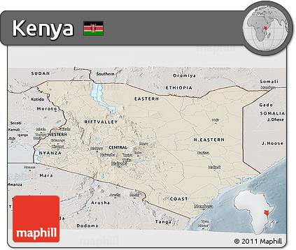 Shaded Relief Panoramic Map of Kenya, semi-desaturated