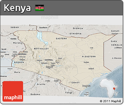 Shaded Relief Panoramic Map of Kenya, semi-desaturated
