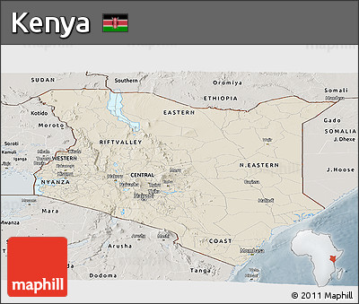 Shaded Relief Panoramic Map of Kenya, semi-desaturated