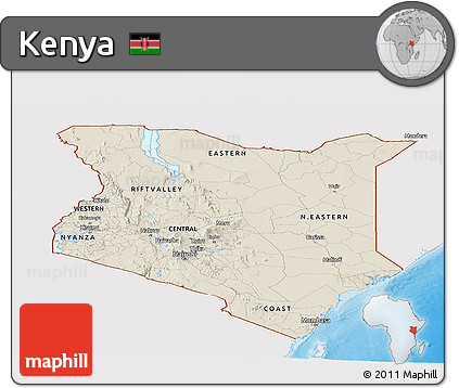 Shaded Relief Panoramic Map of Kenya, single color outside