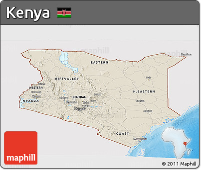 Shaded Relief Panoramic Map of Kenya, single color outside