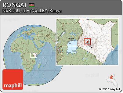 Savanna Style Location Map of RONGAI, highlighted country, highlighted parent region, hill shading
