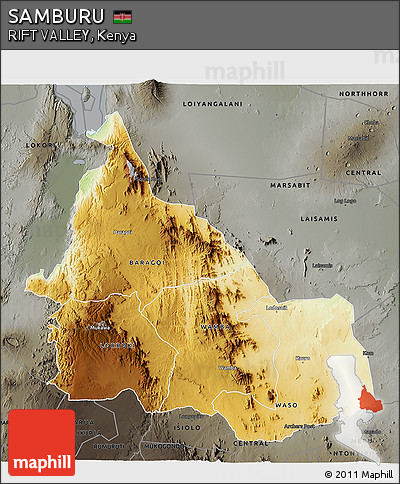 Physical 3D Map of SAMBURU, darken, semi-desaturated