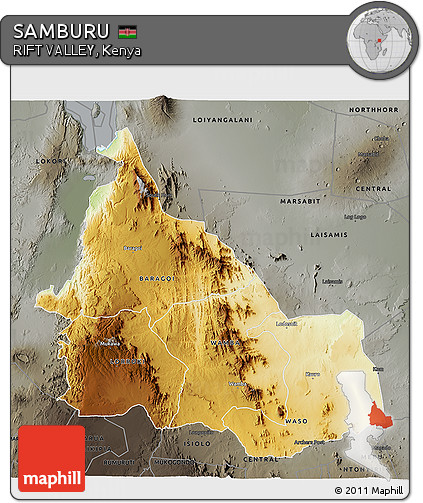 Physical 3D Map of SAMBURU, darken, semi-desaturated