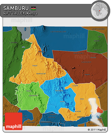 Political 3D Map of SAMBURU, darken