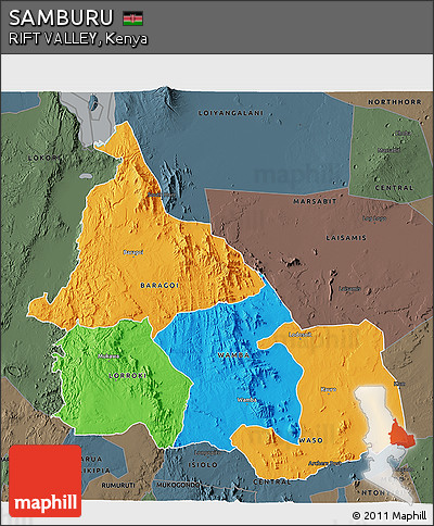 Political 3D Map of SAMBURU, darken, semi-desaturated