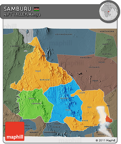 Political 3D Map of SAMBURU, darken, semi-desaturated