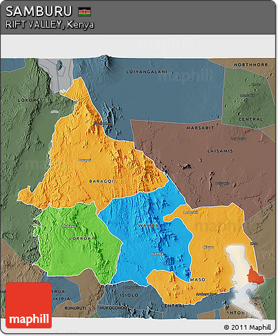 Political 3D Map of SAMBURU, darken, semi-desaturated