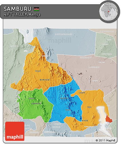 Political 3D Map of SAMBURU, lighten, semi-desaturated
