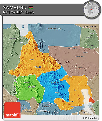 Political 3D Map of SAMBURU, semi-desaturated