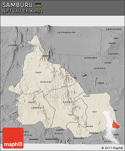 Shaded Relief 3D Map of SAMBURU, darken, desaturated