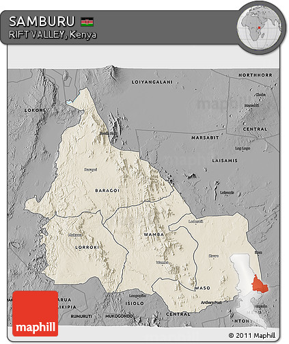 Shaded Relief 3D Map of SAMBURU, darken, desaturated