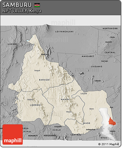 Shaded Relief 3D Map of SAMBURU, darken, desaturated