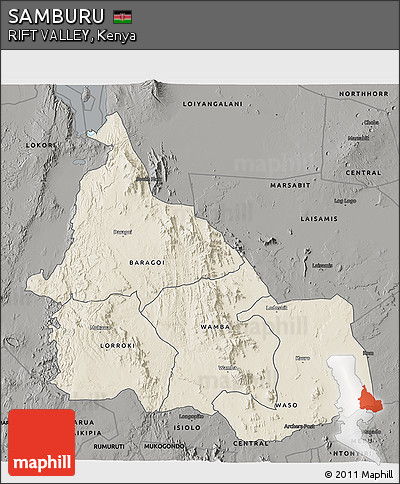 Shaded Relief 3D Map of SAMBURU, darken, semi-desaturated