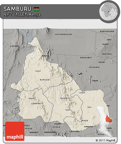 Shaded Relief 3D Map of SAMBURU, darken, semi-desaturated