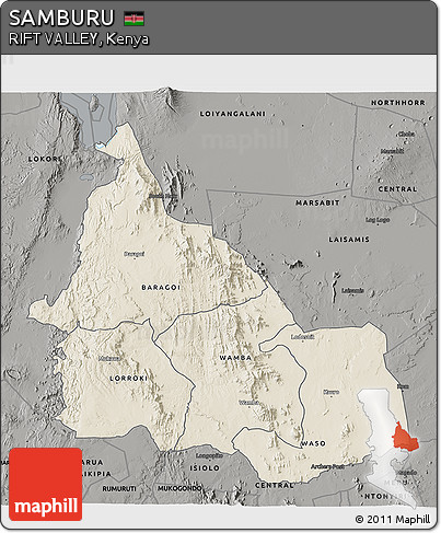 Shaded Relief 3D Map of SAMBURU, darken, semi-desaturated