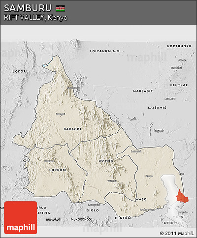 Shaded Relief 3D Map of SAMBURU, desaturated