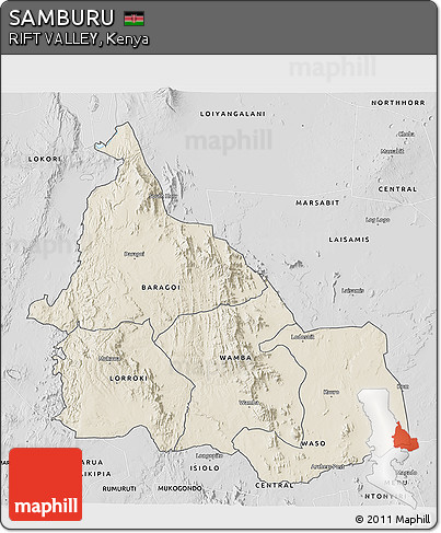 Shaded Relief 3D Map of SAMBURU, desaturated