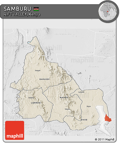 Shaded Relief 3D Map of SAMBURU, lighten, desaturated