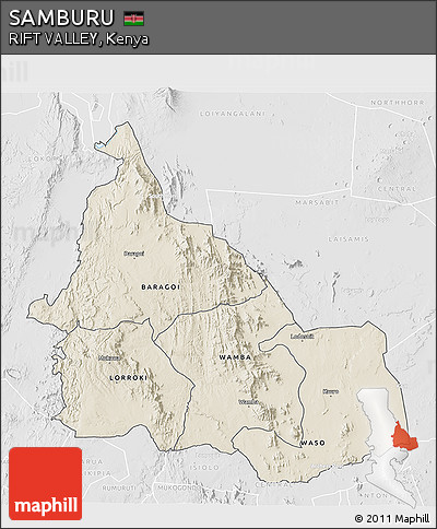 Shaded Relief 3D Map of SAMBURU, lighten, desaturated