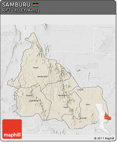 Shaded Relief 3D Map of SAMBURU, lighten, desaturated